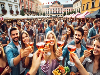 Un evento eno-gastronomico all'aperto in una piazza cittadina. Le persone godono di cibo e bevande, con il focus sui calici di vino di plastica, alzati in un brindisi celebrativo. Sullo sfondo si vedono bancarelle di cibo, una folla vivace e decorazioni festose. Tutti sorridono e si godono l'atmosfera vibrante.